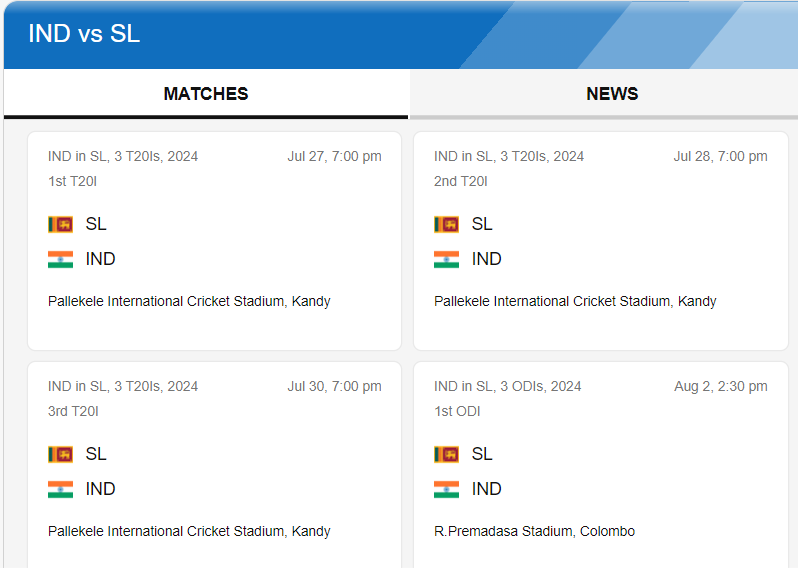 India vs Sri Lanka Tour Venue and Dates